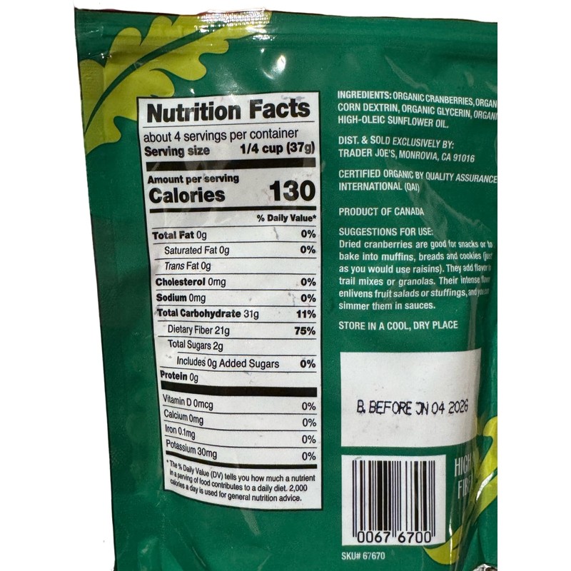 Trader Joe's Organic Dried Cranberries, No Sugar Added, High In
