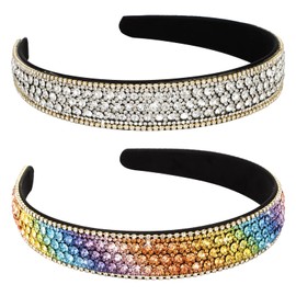 YISSION 2 PCS Rhinestone Headbands for Women, Glitter Crystal Headband Fashion Jeweled Headbands for Girls, Gorgeous Hair Accessories for Women Silver Rainbow