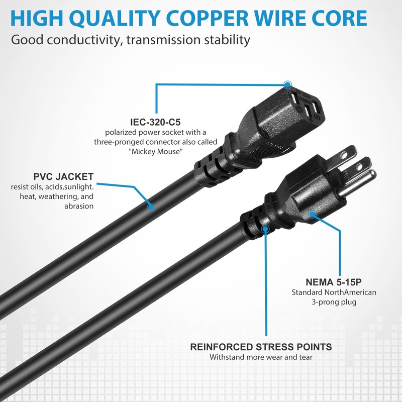 5ft/1.5m 10 Amps 3 Prong AC Power Cord Cable Compatible