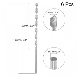 sourcing map HSS(High Speed Steel) Extra Long Twist Drill Bits, 4.5mm Drill Diameter 160mm Length for Hardened Metal Woodwork Plastic Aluminum Alloy 6 Pcs