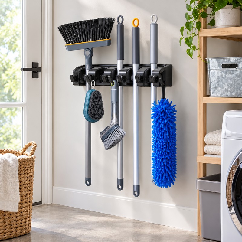 Wall Mounted Mop Holder - Multi-Functional Broom Hanger Shelf Home