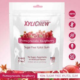 Xylichew 100% Xylitol Chewing Gum - Non GMO, Gluten, Aspartame, and Sugar Free Gum - Natural Oral Care, Relieves Bad Breath and Dry Mouth - Pomegranate Raspberry (50 count)