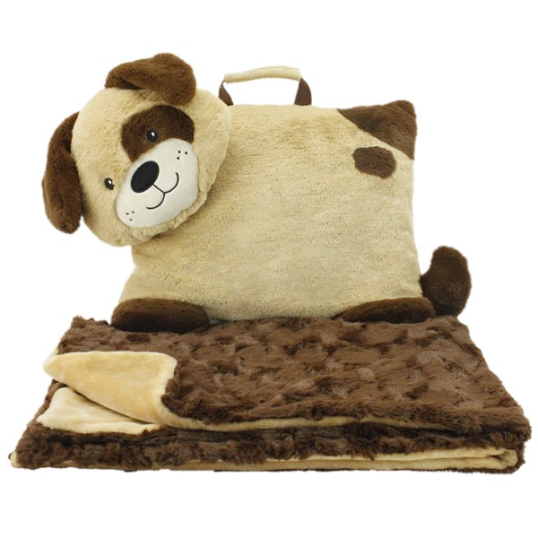Animal Adventure | Wild for Style| Character Cuddle Combos | 2-in-1 Stow-n-Throw Cuddle Bud with Carrying Handle & Zipper Pouch for Blanket Storage Set ­– 30" W x 39" H Blanket – Dog