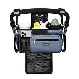 TOPDesign Universal Baby Stroller Organizer, Stroller Caddy with Detachable Mesh Bag & Heightened Insulated Cup Holders & Non-Slip Secure Hooks Accessories, Fits Most Strollers (Blue)