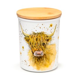 Puckator RPJAR93 Jan Pashley Highland Coo Cow Set of 2 Recycled Plastic Bottles RPET and Bamboo Reusable Storage Jars - S/M
