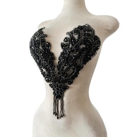 Pure Handmade Rhinestone Fringe Patch Trim Crystal Beaded Applique for Sewing Crafts Wedding Party Decoration Bridal Dress Accessories 14.5X14inches (Black)