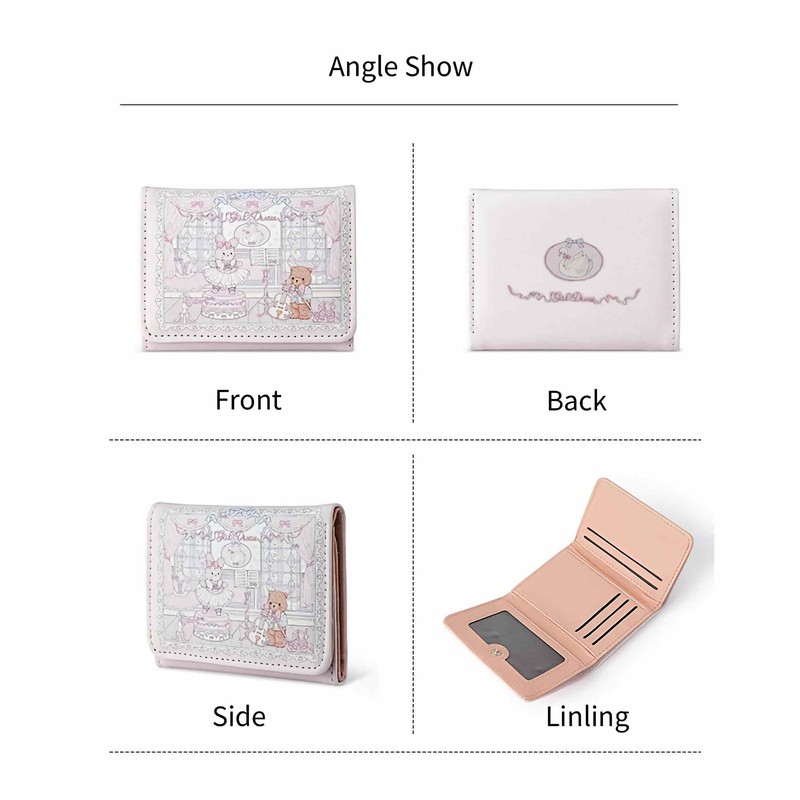 cute trifold coquette bear wallets for girls, small pink slim