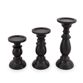 SAMHITA Set of 3 Farmhouse Mango Wood Candle Holders, in Black Finish for Table Centerpiece Candle for Any Room Decor