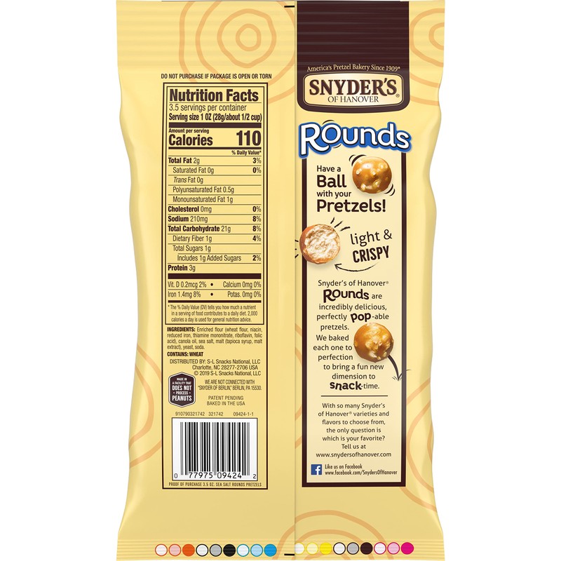 Snyder's of Hanover Pretzels, Rounds, Sea Salt, 3.5 Oz (Pack