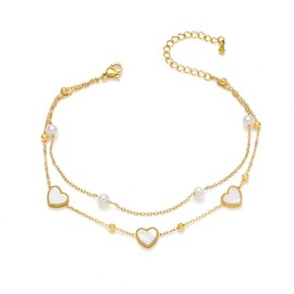 White Shell Heart Anklet Pearl Double Layers Love Hearts Anklets Adjustable Stackable Stainless Steel for Women Delicate Foot Chains Jewelry