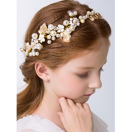 BERYUAN Elegant Pearls Crystal Hair Vine Gold Leaf Flowers Pearl Rhinestone Headband Flower Girls Dainty Headpiece Gold Handmade Pearls Rhinestone Hairpiece Wedding Hair Accessories for Women Girls