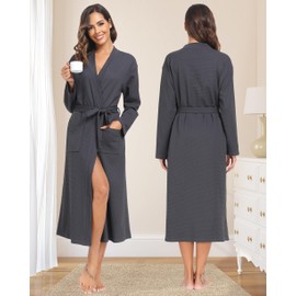 Sopesil Women Dressing Gown Waffle Full-Length Robe Lightweight Luxury Bathrobes Soft Loungewear Sleepwear Spa and Hotel for All Year Dark Grey,L