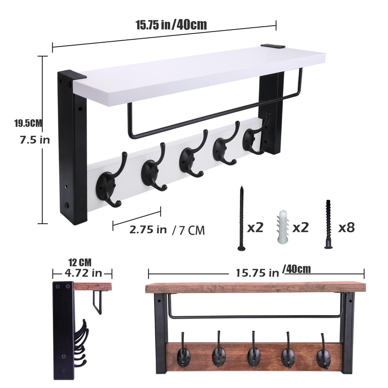 BSTHOK Mounted Coat Rack with Shelf, 44cm, Metal Hooks, Rustic