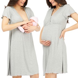 Nursing Nightdress, Birth Dress, 3-in-1 Breastfeeding, Hospital and Pregnancy, Soft and Breathable, gray