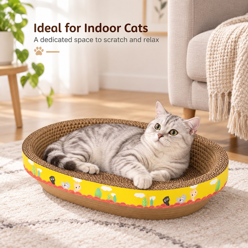 AQVELLO Corrugated Cat Scratcher Bed for Daily Clawing – Oval