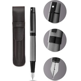 Sheaffer 300 Matte Gray Lacquer Pen with Contrasting Black PVD Trims and Matching Pouch gift Set (Fountain, Medium nib)