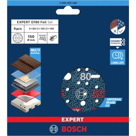 Bosch 9x Expert O780 Foil Sanding Discs Set, 150 mm, 9-Piece (for Hardwood, Paint on Wood, Diameter 150 mm, Grit 3 x 80, 3 x 120, 3 x 180, Professional Accessories Random Orbital Sander)