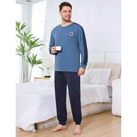 Crewhpo Men's Long Cotton Two-Piece Pyjamas with Crew Neck Plain Pyjamas Men Warm Sleepwear Long Sleeve Loungewear Winter S-XXL, blue, S