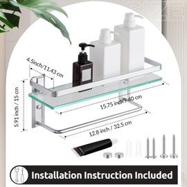 Geetery 2 Sets Glass Bathroom Shelf with Towel Bar 15.75 x 4.5 Inches Wall Mounted Aluminum Tempered Glass Shelf Rustproof Shelves Bathroom Hand Towel Holder with Shelf Shower Rack Bathroom Hardware