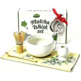 SADOWAY Kit de Matcha: 7 Piezas Kit de Matcha para Batidor - Juego Con Batidor, Tazón de Cerámica Hecho a Mano, Soporte, Cuchara (Blanco) – Ideal para Principiantes, Amantes del Té y Regalo