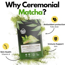 Earths Basket Organic Japanese Matcha Powder (Ceremonial Grade) 100% Pure, Antioxidant-Rich, Supports Skin Health & Immunity with Vitamin A, Folic Acid & Iron- Source- Uji Kyoto (50g)