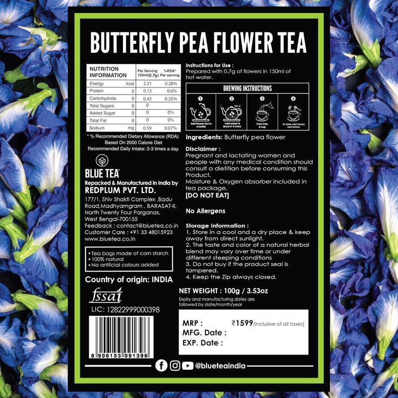 BLUE TEA - Butterfly Pea Flower Tea - 3.52 Oz