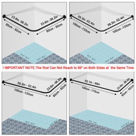 L-Shaped Corner Shower Curtain Rod, 「Black 24"-53" x 24"-53"」 Adjustable, Unsagging, Drill-free Install,304 Stainless steel 90°Curved Rod, Max Size 24"-37" x 55.1 "-69" with 12 Hooks