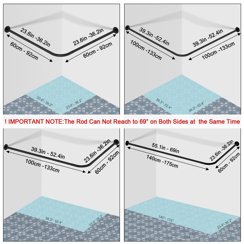 L-Shaped Corner Shower Curtain Rod, 「Black 24"-53" x 24"-53"」 Adjustable,