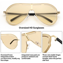 Dollger Oversized One-Piece Sunglasses women shield Big Frame Metal Aviator Hollow Men UV Protection Sun Glasses Champagne