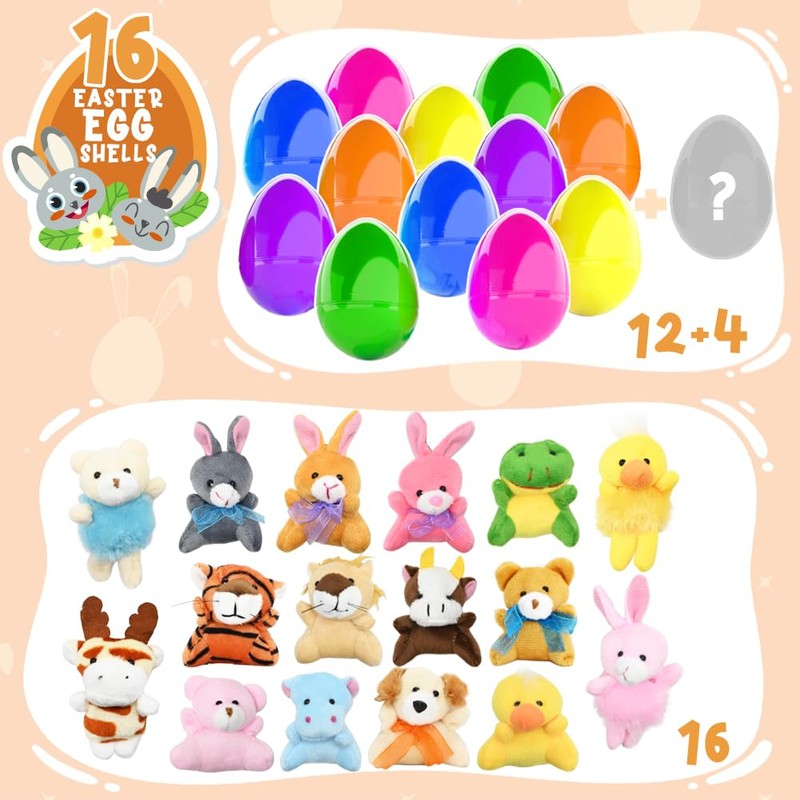 CAMIRUS 16Pcs Filled Easter Eggs with Mini Plush Animals Toys,