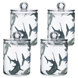 xigua 2 Pack Watercolor Sharks Apothecary Jars with Lid, Qtip Holder Storage Jars for Cotton Ball, Cotton Swab, Cotton Round Pads, Clear Plastic Canisters for Bathroom Vanity Organization (10 Oz)