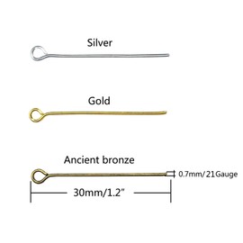 TOAOB 600pcs 1.2 Inch 30mm Eye Pins Gold Silver and Antique Bronze 21 Gauge Metal Wire Head Pins Findings for DIY Crafts Necklaces Bracelets Earrings Jewelry Making