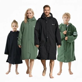 Owntop Waterproof Swim Parka for Kids Youths and Adults - Unisex Hooded Surf Poncho, Oversized High-Low Hem Windproof Changing Robe, Sherpa Winter Warm Beach Towel Jacket with Pockets Black Rose XL