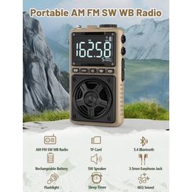 Bluetooth AM FM Shortwave Radio with NOAA Weather Alert,1250mAh Rechargeable Portable Pocket Radio with Best Reception,5W Big Speaker, Digital Tuner and Earphone,Support SD Card and USB Player（Brown）