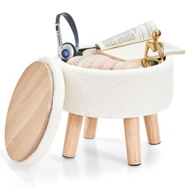 Poofzy Small Ottoman with Storage, Small Foot Stool Ottoman with Wood Legs, Sherpa Foot Rest for Couch, Living Room and Bedroom - White