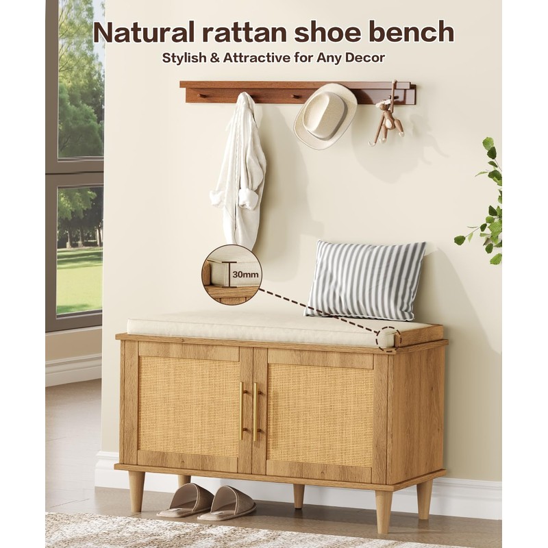 Akxomel Rattan Shoe Storage Bench with Cushion, 2-Tier Entryway Bench