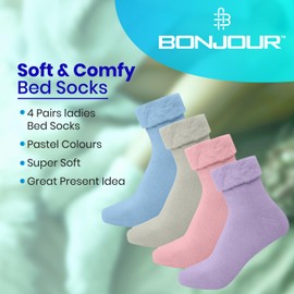 Bonjour - 4 Pairs Extra Warm Women's Super Soft Thermal Fluffy Cosy Bed Socks for Women - Fleece lining Warm Feet Comfortable Ideal for Winter Cold Evenings UK Size 4-7