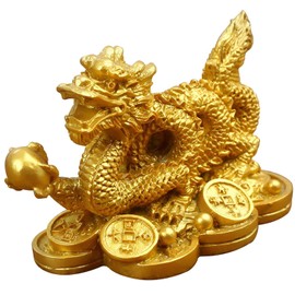 Mose Cafolo Golden Asian Chinese Feng Shui Dragon (3.5‘ L) on Money Coins Figurine Statue Coins Attract Money and Good Luck Fortune for Home Office Décor and Gift