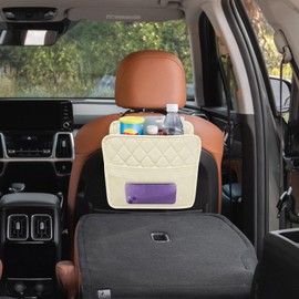 Tecledsn Car Seat Back Organizer, Hanging Passenger Seat Storage Bag, PU Leather Car Seat Storage Bag, Large Universal Hanging Backseat Car Organizer for Adults & Kids With Cup Holder (Beige)