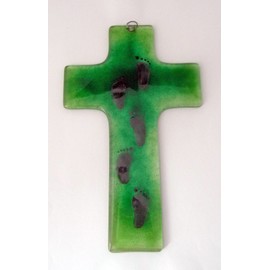 Glass Cross with Footprints Green Approx. 20 x 12 cm