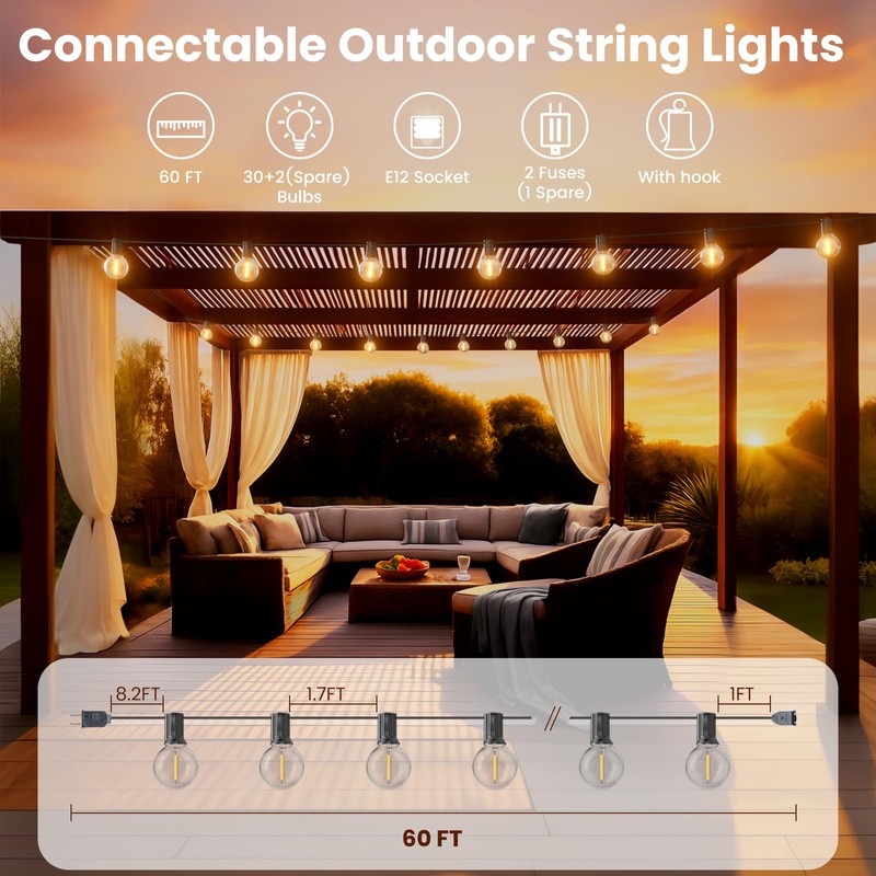 RTTY Outdoor String Lights 60 FT, Patio Lights with 32pcs