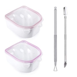 Cuenco de remojo de uñas, 2 piezas de esmalte de gel para remojar en polvo, cuenco de manicura con pelador triangular de cutículas y empujador de cutículas de acero inoxidable (rosa)