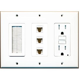 RiteAV - (3 Gang 15A GFCI Outlet Mesh-Brush 3 Cat6 White Wall Plate White