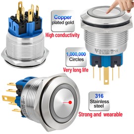 25mm Momentary Big Push Button Switch Stainless Steel 304 with 12V DC/AC LED Angel Eye Ring Suitable for 1in Mounting Hole with Wire CE Certification(White, Flat Head)