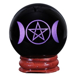 KYEYGWO Obsidian Crystal Ball Decoration with Carved Pentagram Triple Moon Pattern, Round Stone Ball Figure with Wooden Stand, Healing Stone Sphere Ornament Gemstone Fortune Telling Ball, Purple