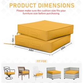 Tounosnt Patio Chair Cushions 24 X 24 X 5 Inch Waterproof Outdoor Seat Cushions for Patio Furniture, Outdoor Sofa Couch Pads with Ties & Handle, Set of 2, Yellow