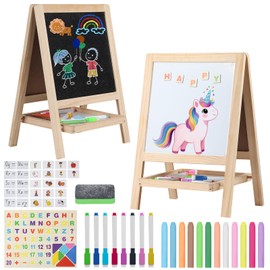 Tabletop Painting Wooden Art Easel for Kids - 4-in-1 Double-Sided Drawing Board for Toddlers 2-4, Chalkboard & Dry Whiteboard with Chalk,Markers, Eraser, Magnetic Letters/Numbers & Flashcards