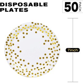EVYIENEN 50PCS Happy Birthday Party Paper Plates，7inch Disposable White and Gold Plates Set，Party Tableware Party Supplies for Birthday Decorations (White Gold, 7inch)
