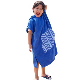 MissShorthair Towel Poncho for Kids, Hooded Beach Towel for Girl&Boy, Surf Poncho Swim Changing Robe Microfiber Bath Towel 7-10 Years Blue Stripes
