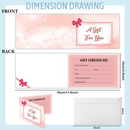 SHIEL-EVEN 50 Sets Gift Certificates for Business, Blank Gift Cards Certificates with Envelopes,Gift Certificates for Salon Restaurants Spa Marriage Birthday Client Vouchers 11.8 x 3.9 Inch - Pink